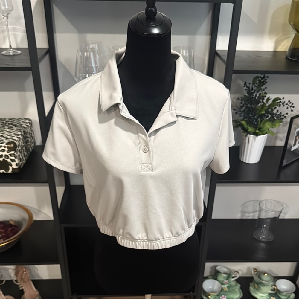 Yogalicious White Cropped Polo Button Down